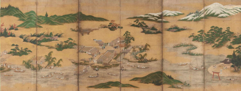 『近江名所図』右隻、狩野派、室町時代(16世紀後半)。滋賀県立近代美術館所蔵。