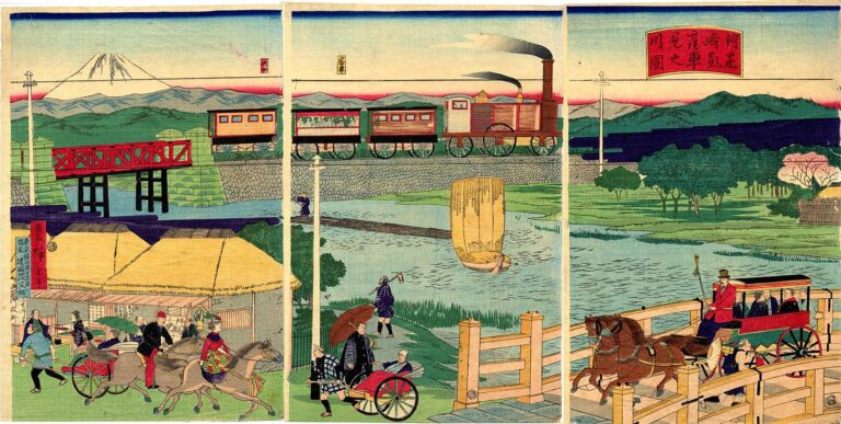「河崎靏見川蒸氣車之図」(川崎宿鶴見川蒸気車之図)。著者は廣重(三世 歌川広重)
