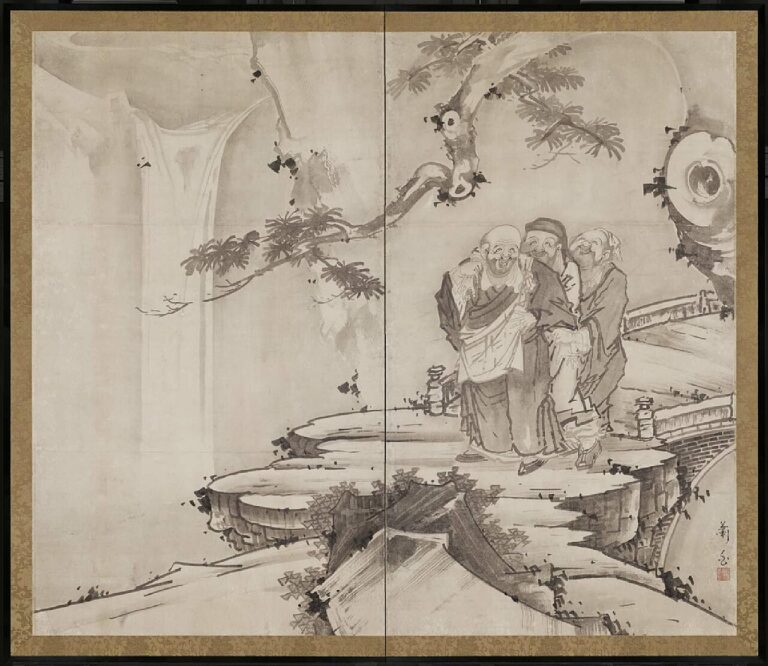 曾我蕭白《虎渓三笑図》, Public domain, via Wikimedia Commons.