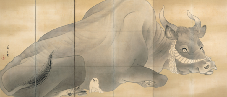 長沢蘆雪《白象黒牛図屏風》（左隻）, Public domain, via Wikimedia Commons.