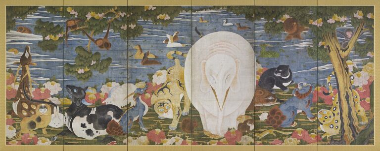 伊藤若冲《樹花鳥獣図屏風》（右隻）, Public domain, via Wikimedia Commons.