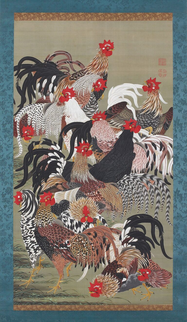 伊藤若冲《動植綵絵》「群鶏図」, Public domain, via Wikimedia Commons.