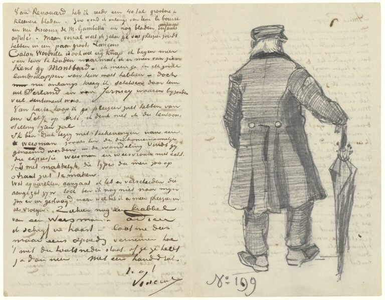 「傘を持つ老人の後ろ姿が描かれたアントン・ファン・ラッパルト宛ての手紙」 1882年9月23日頃 ファン・ゴッホ美術館、アムステルダム(フィンセント・ファン・ゴッホ財団)
