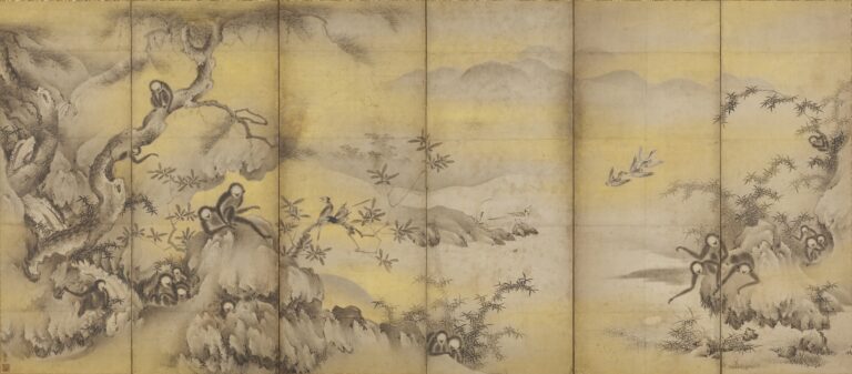 重要文化財 式部輝忠「巖樹遊猿図屏風(左隻)」室町時代
