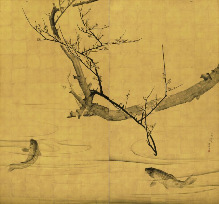 円山応挙「梅鯉図屏風」天明7(1787)年
