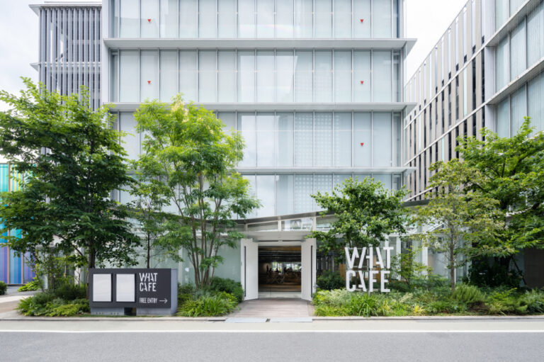 グリーンに囲まれたWHAT CAFＥ。開放的なテラス席もある