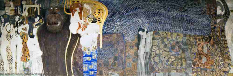クリムト《ベートーヴェン・フリーズ》, Gustav-klimt-the-beethoven-frieze-the-hostile-powers.-far-wall, Public domain, via Wikimedia Commons.