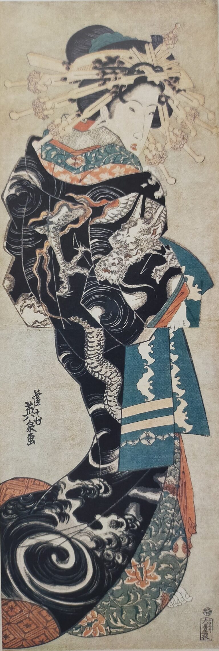 渓斎英泉　版上落款『髪を気にする疳癪は女のくせ』木版画 昭和期 戦後 0310B 渓斎英泉 版上落款『髪を気にする疳癪は女