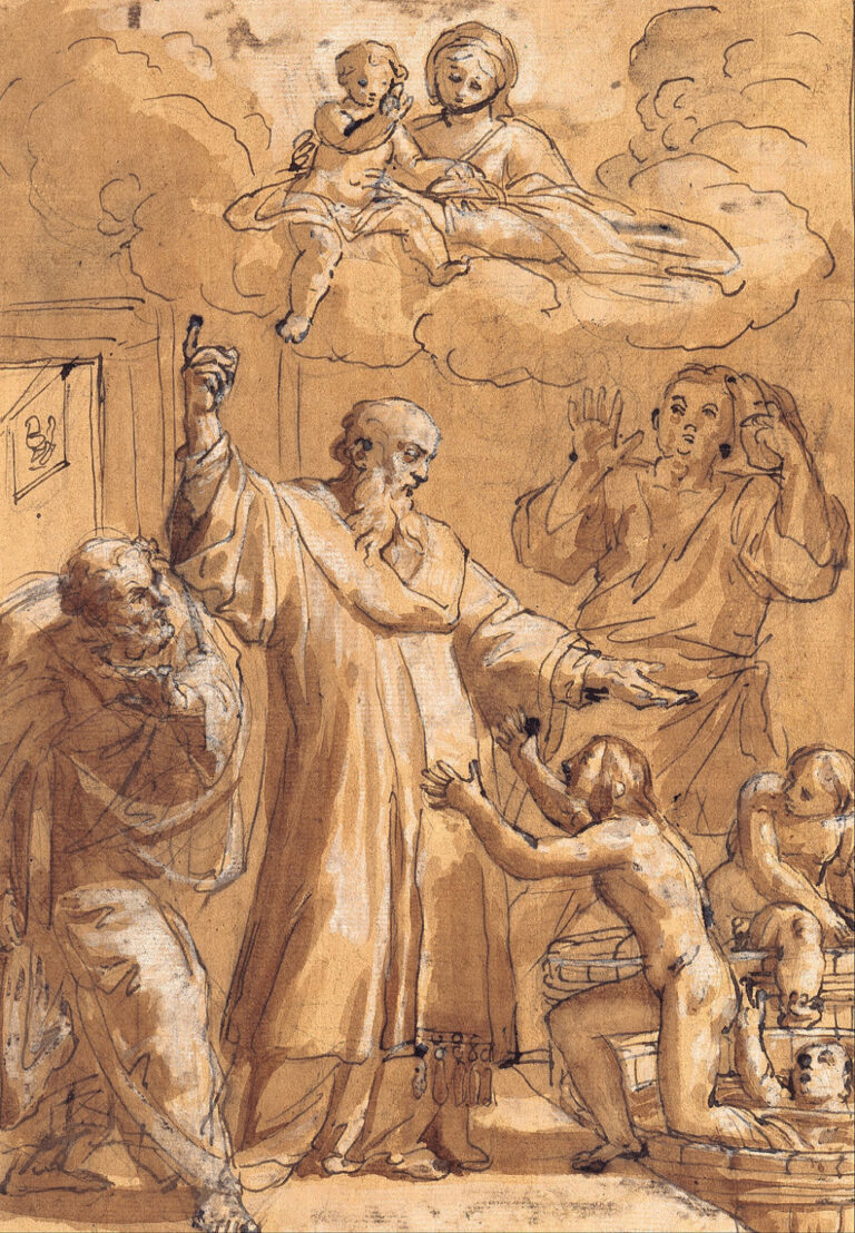 ピエトロ・デ・ピエトリ『バーリの聖ニコラスが3人の子どもを目覚めさせる』, Public domain, via Wikimedia Commons.