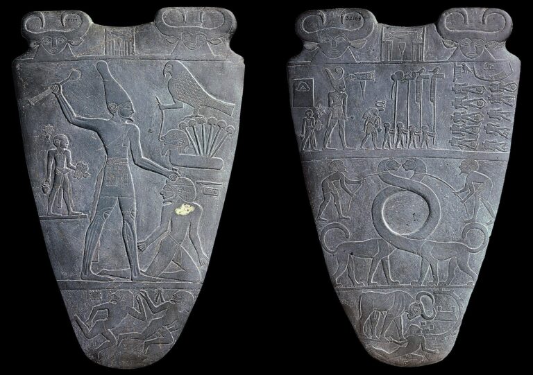 《ナルメルのパレット》（紀元前3200〜紀元前3000年ごろ）／エジプト考古学博物館, Public domain, via Wikimedia Commons.