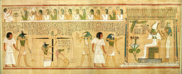 《フネフェルのパピルス》（紀元前1275年ごろ）／大英博物館、審判の場面, Public domain, via Wikimedia Commons.