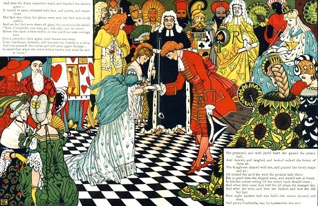 ウォルター・クレインが手がけた「トイブック」の『シンデレラ』（1873年）。このページは舞踏会のシーンで、中央のブルーの衣装をまとっているのがヒロイン。