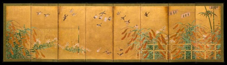 伝狩野山楽筆_粟に小禽図屏風-Autumn_Millet_and_Small_Birds_MET_DT1589