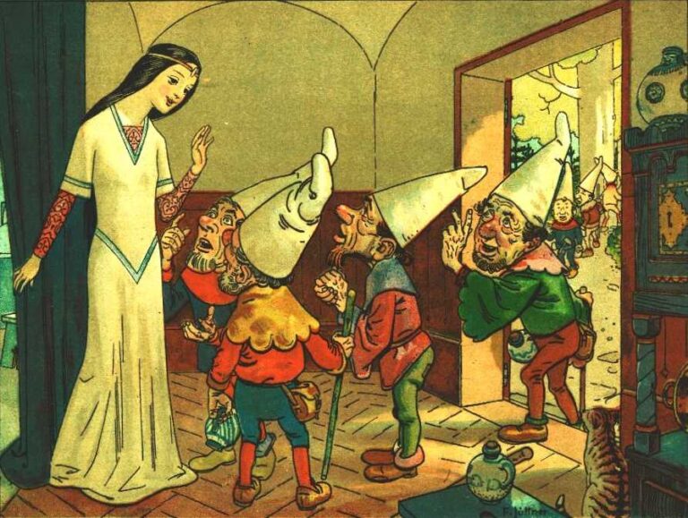 フランツ・ユットナー『白雪姫』（1905〜1910年）。左側に立っているのが白雪姫で、尖った帽子を被っているのが小人たち