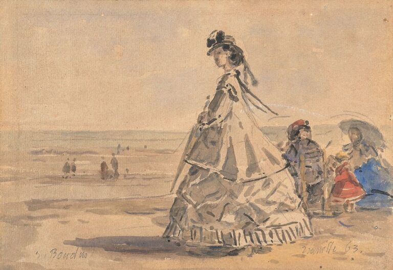 ウジェーヌ・ブーダン 《トルーヴィルの海岸の貴婦人（トルーヴィルの海岸のメッテルニヒ夫人 ）》 1863年 水彩・鉛筆／紙 17×24.3cm 個人蔵 ノルマンディー