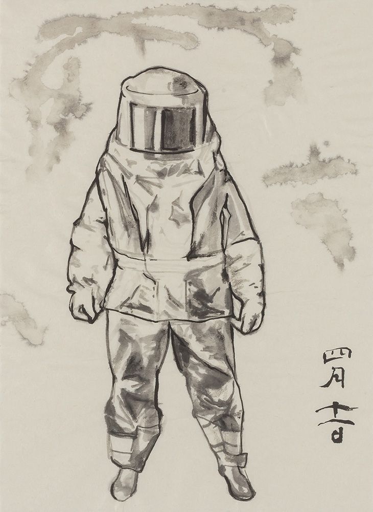 福田美蘭「日新除魔図　四月十一日　放射線防護服／柏崎刈羽原発火災事故」