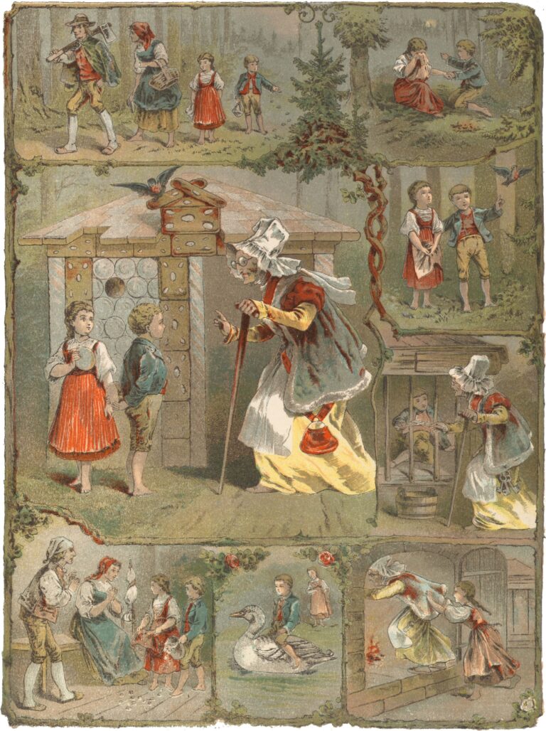 『ヘンゼルとグレーテル』の場面を1枚の絵画に美しく配置した、ハインリヒ・メルテの挿絵。メルテは風俗画家としても評価されました。, Public domain, via Wikimedia Commons.