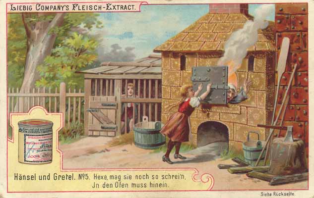 リービッヒ社の肉エキスを宣伝する広告カード。基本的に6枚セットで印刷されていたそうで、『ヘンゼルとグレーテル』も6種類のカードが残されています。, Public domain, via Wikimedia Commons.