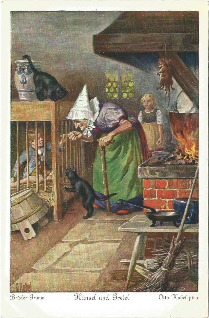 オットー・クーベルが手がけた挿絵。ヘンゼルが太ったかどうか、魔女が指をさわって確かめる場面。, Public domain, via Wikimedia Commons.
