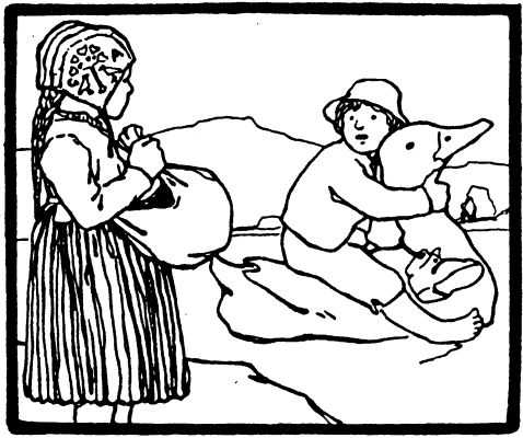 オットー・ウベローデが描いた、白い鴨とともに川を渡るシーン。魔女の家から逃げる途中で大きな川に差し掛かり、容易には渡れないと分かると、グレーテルは白い鴨に向こう岸に連れて行ってもらおうと提案しました。, Public domain, via Wikimedia Commons.