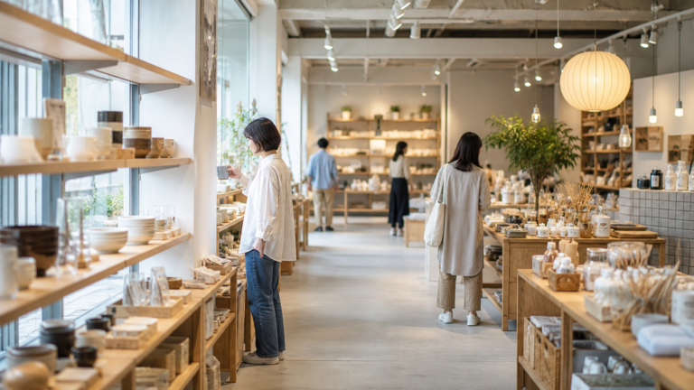 雑貨店の棚や照明、商品の配置は、客が自由に見ているようでいて、視線や動きを自然に導いている。（イメージ）