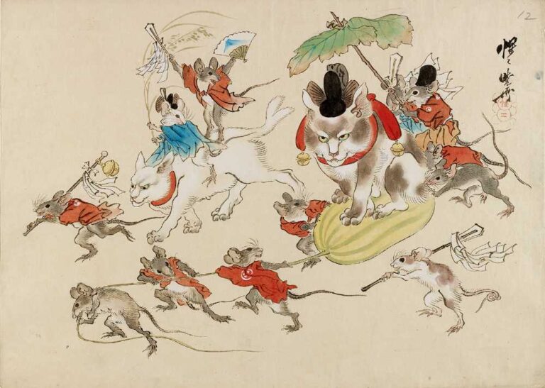 河鍋暁斎《鳥獣戯画 鼠曳く瓜に乗る猫》