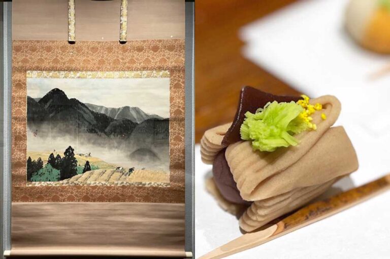 左：川合玉堂《遠雷麦秋》1952（昭和27）年　山種美術館、右：雨きたる