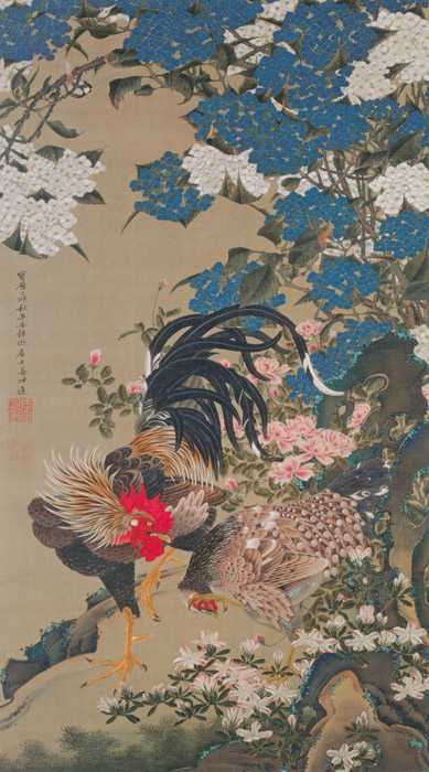 『紫陽花双鶏図』（伊藤若冲）