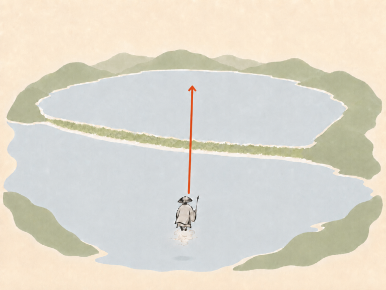 《天橋立図》の推定視点。砂州の南、宮津湾の上空にあたり、地上に立てる場所はない。（イメージ）